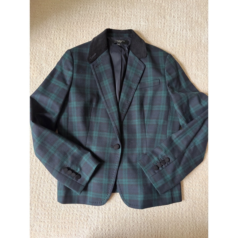 Talbots Blazer 8P Green Black Watch Plaid Velvet Collar Academia Preppy Heritage